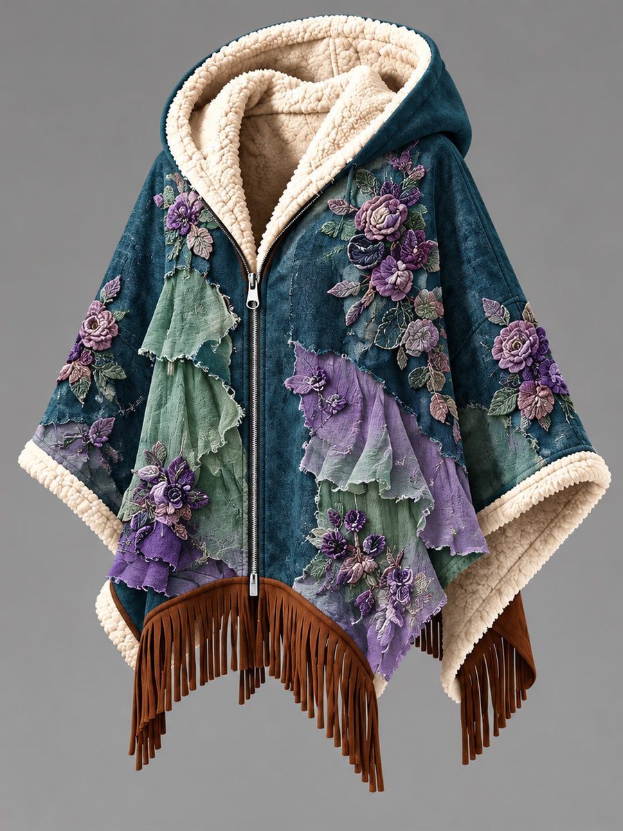 Women's Fall Winter Vintage Art Fleece-Lined Hooded Fringe Poncho